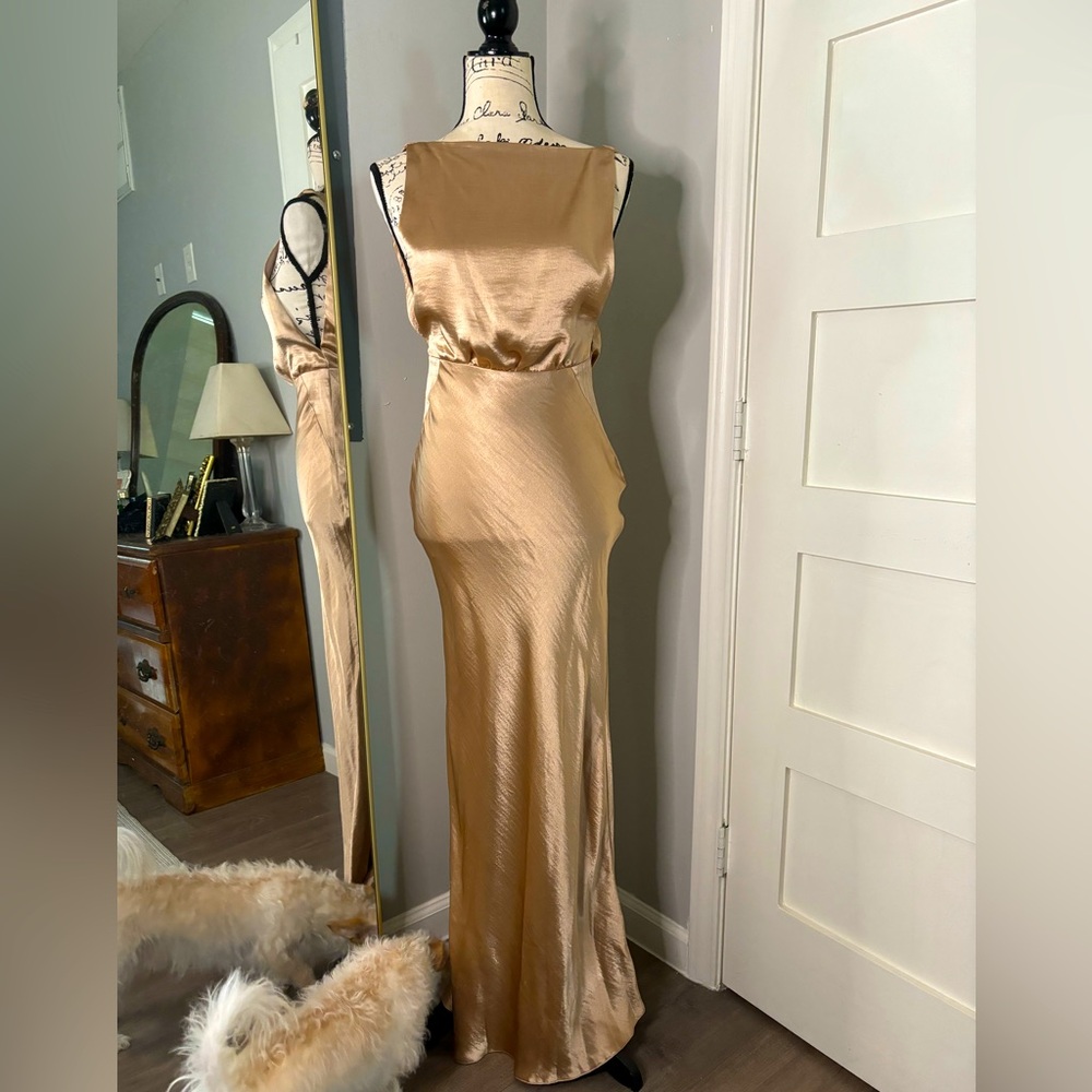 ASOS Six Stories Cowl Back Satin Maxi Bridesmaid dress in Champagne, size 0